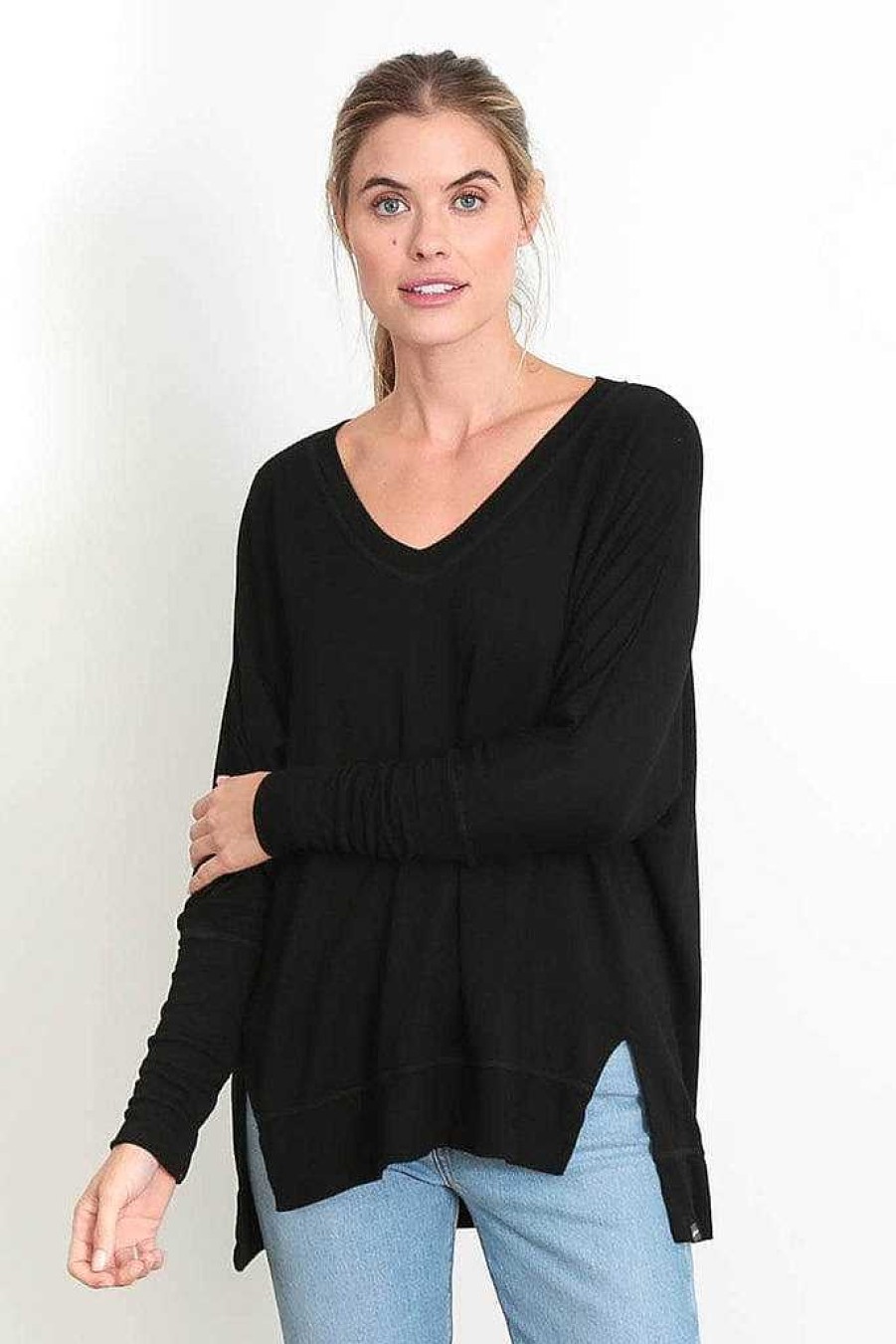 Long Sleeves good hYOUman | Relaxed V-Neck Sweater - The Carrie Black Sand