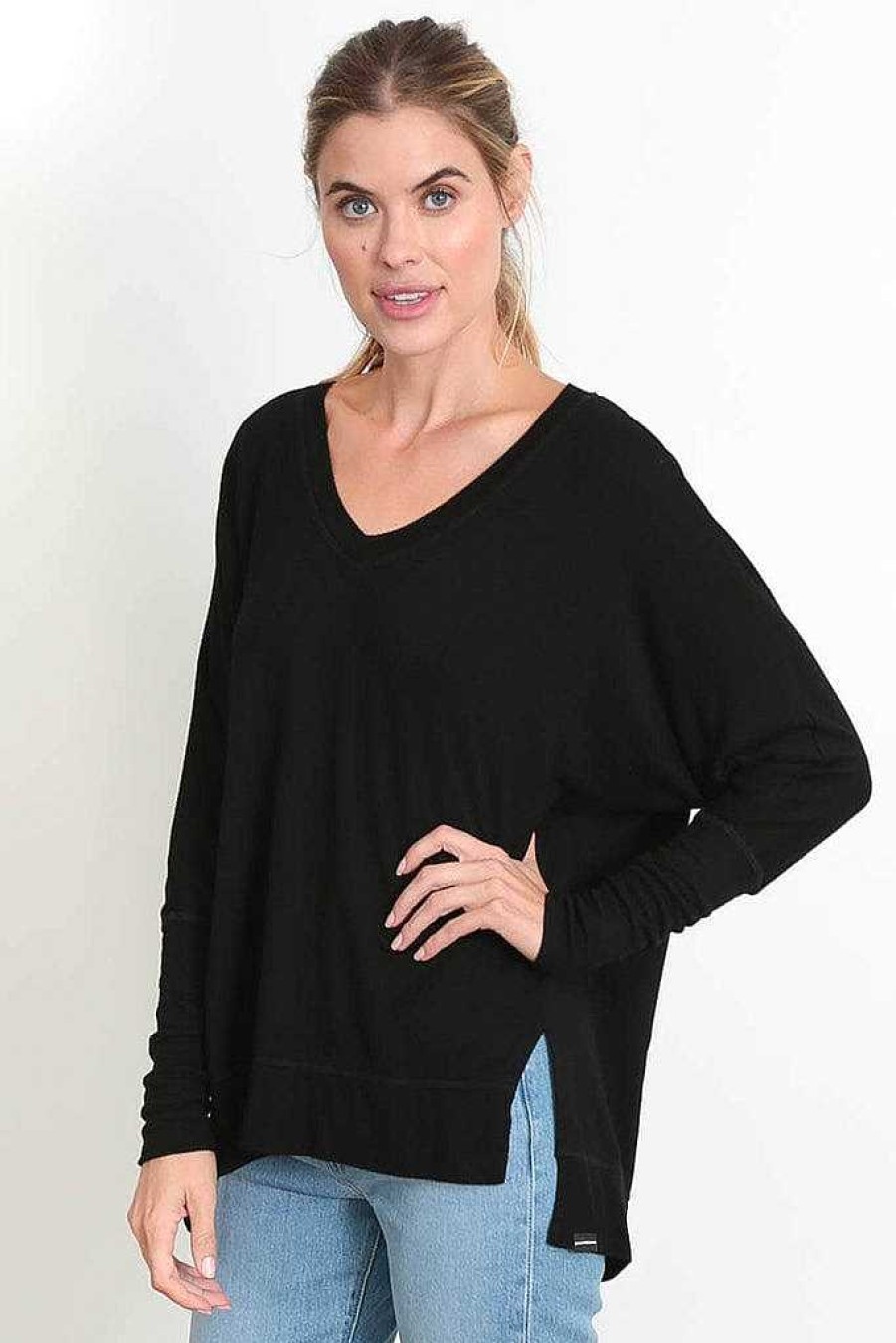 Long Sleeves good hYOUman | Relaxed V-Neck Sweater - The Carrie Black Sand