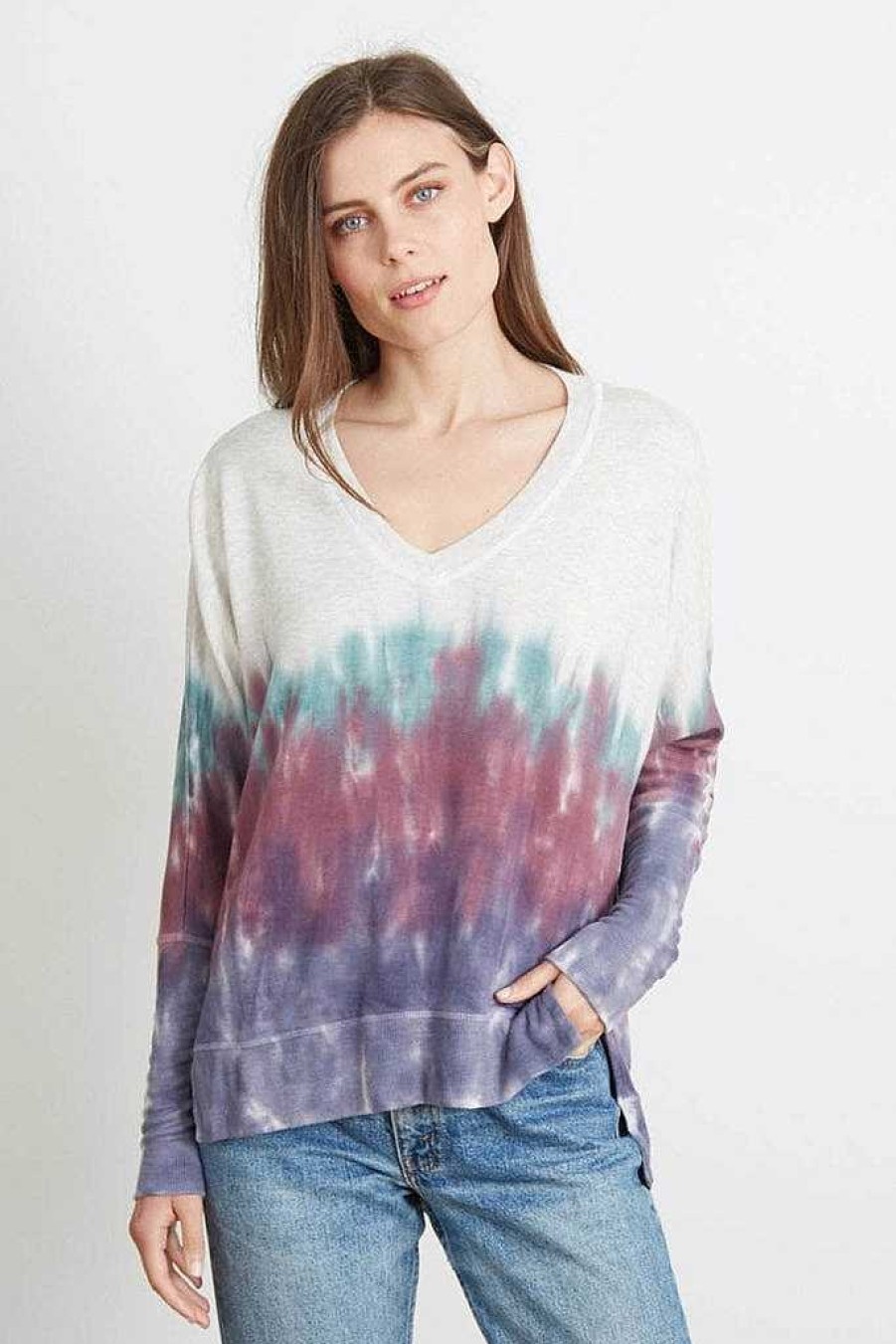 Long Sleeves good hYOUman | Tie-Dye Relaxed V-Neck Sweater - The Carrie Plum Bamboo